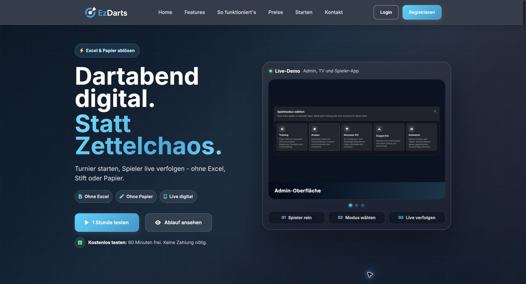 Aktuelle Website der EzDarts WebApp